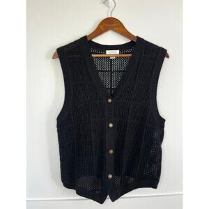 Vintage Open Knit Crochet Black Vest Gold Flower Buttons Cottage Minimal Size L